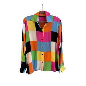 Vintage Jerri Sherman Women’s 100% Silk Colorblock Button Up Shirt Vibrant 4